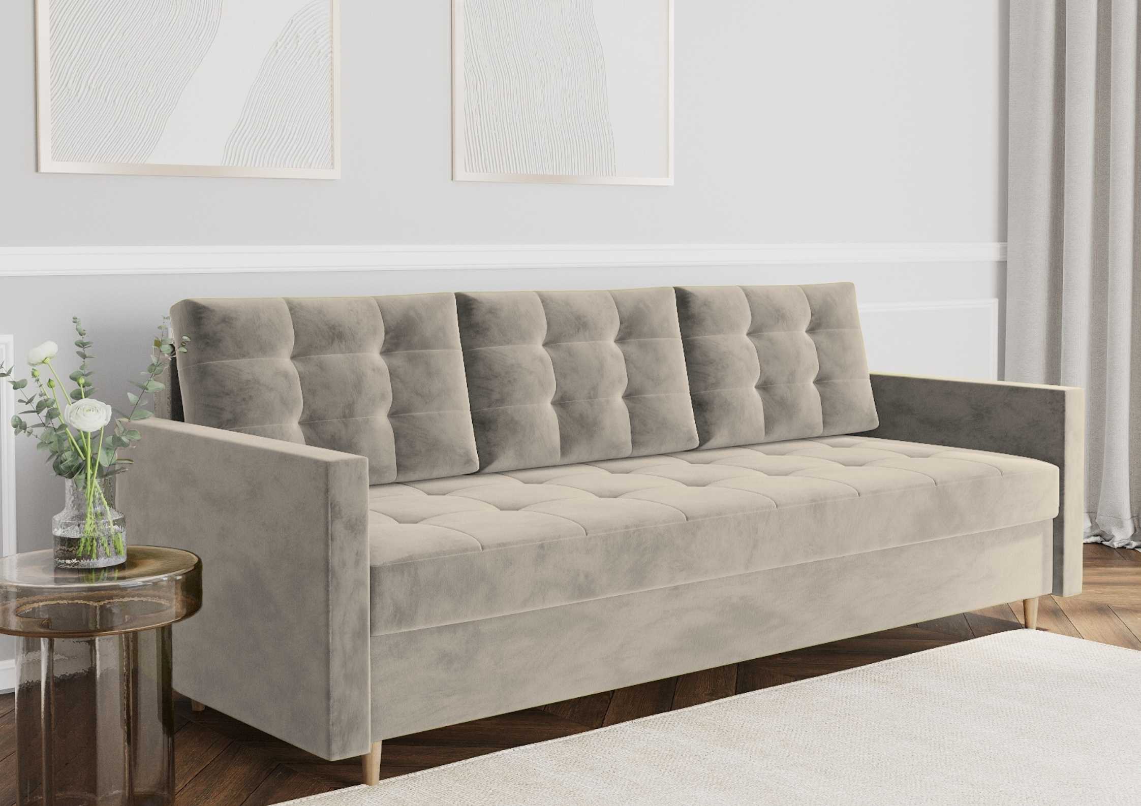 Pikowana sofa z funkcją spania na drewnianych nogach w kolorze beżowym